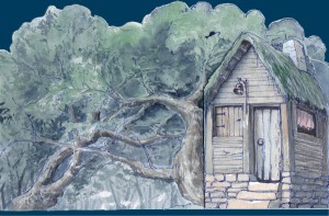 Maquette de décor, masure et forêt